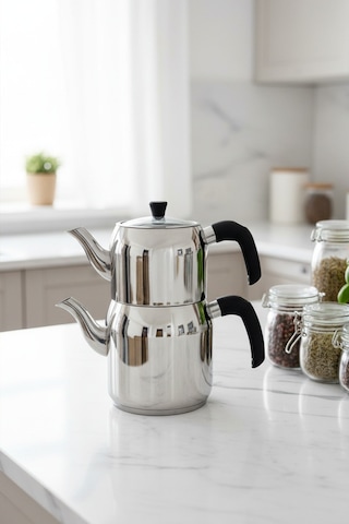 Yunusoğlu Home Hanzade Aile Boy Paslanmaz Çelik Çaydanlık Parlak Gümüş, Ergonomik Saplı, Yüksek Isı Dayanımlı Gri