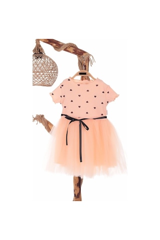 Kalp Baskılı 2-7 Yaş Arası Somon Kız Çocuk Tüllü Elbise Doğum Günü Özel Gün Ve Geceler İçin SOMON