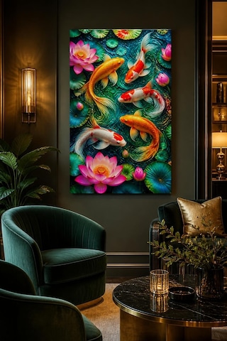 Koi Balığı Ve Lotus Baskılı Cam Tablo Renkli Uv Baskı Dekoratif Duvar Tablosu