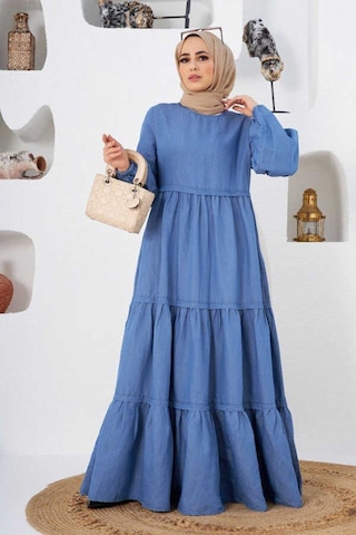 Neways 6510 - Fırfırlı Büzgülü Elbise Mavi