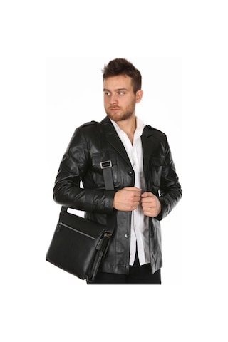 Hakiki Kuzu Derisi Siyah Gömlek Cep Düğmeli Erkek Deri Ceket Siyah