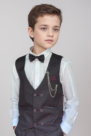 Riccotarz Erkek Çocuk Cepken Yelekli Ekose Desenli Mürdüm Çizgi Detaylı Takım Elbise 10-14 Yaş Mürdüm