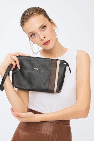 Deri Company Kadın Basic Clutch Çanta Düz Desenli Şeritli Logolu Siyah Kahverengi (4006S-KA) 214012 Siyah