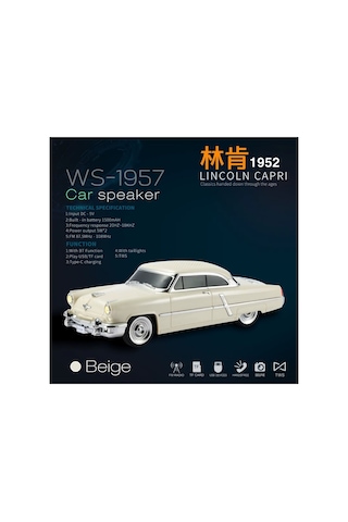 1952 Lincoln Capri Şarjlı Bluetooth Speaker Kablosuz Led Işıklı Hoparlör Fm Radyo Sd Kart Usb