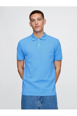 Logo Piqué Polo Yaka Erkek T-shirt Mavi-7583 Mavi