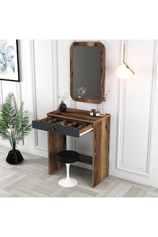 Lizbon Mini Makyaj Masası Aynalı - Ceviz / Antrasit