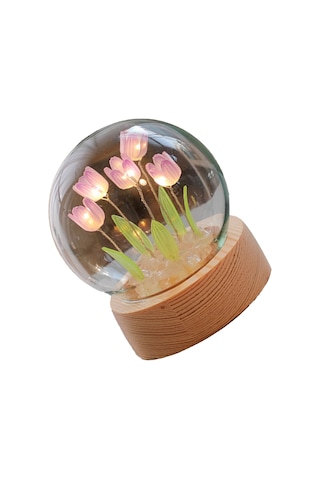 Shineyee Purple Tulip Mini Led Night Light - Dıy Wooden Glass Flower Shape, Soft Lighting, Bedroom Decoration, Creative Gift Set With Built-in Battery Mor