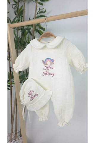 Gros Shop Müslin Yeni Doğan 4 Katlı Organik %100pamuk Kişiye Özgü Nakışlı Hastane Çıkış Seti-pudra Gökkuşağı Ekru-2