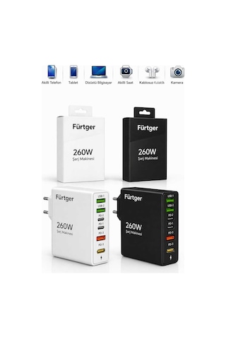 Fürtger German Frt-25w B 2 Li Set 260w 3 Type-c + 3 Usb-a Toplam 6 Çıkışlı Süper Hızlı Şarj Aleti Siyah + Beyaz Fürtger German Frt-25w B 2 Li Set 260w 3 Type-c + 3 Usb-a Toplam 6 Çıkışlı Süper Hızlı Şarj Aleti Siyah + Beyaz