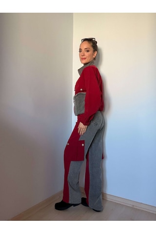Ali Butik Bordo Paraşüt Kumaş Denim Detaylı Takım Bordo