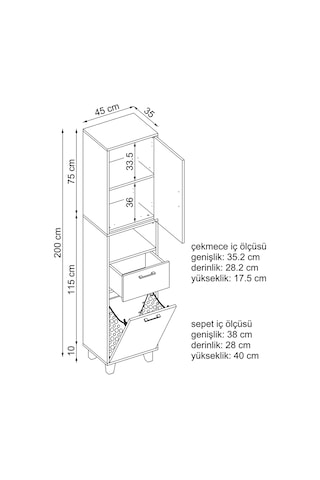 Çamaşır Sepetli Banyo Dolabı, Çok Amaçlı Dolap 45 X 200 Atlantik - Antrasit
