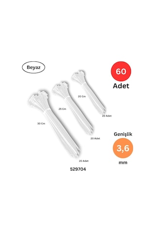 Plastik Kablo Bağı, Cırt Kelepçe 200-250-300 Mm X 3.6 Mm, 60 Adet, Beyaz