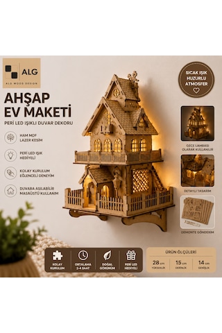 Ahşap Ev Maketi Duvar Dekoru Peri Led Işıklı Dıy Ev Modeli Duvara Asılabilir 90 Parça