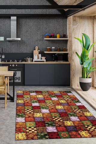 Homshtag Mutfaktaki Bahar Çiçekli Renkli Dekoratif Patchwork Mutfak Halısı Çok Renkli