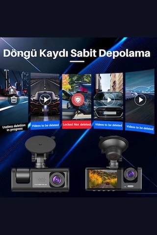 Siyah 1080p Araç İçi 3 Kameralı Lcd Ekranlı Gece Görüşlü , G-sensör , Geri Görüş Kamera