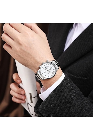 Yingfu Siyah Tarih Göstergeli Paslanmaz Çelik Kuvars Erkek Saati Siyah