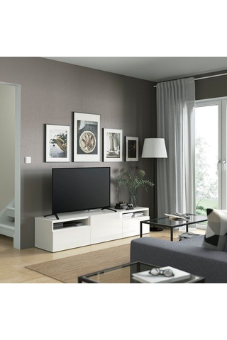 Tv Sehpası, Parlak Cila-beyaz, 180x42x39 Cm, Selsvıken, Çıt Çıt Raylı Beyaz