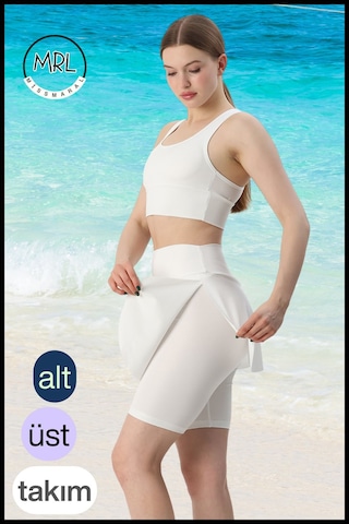 Kadın Mayo Takım Yüksek Bel Biker Etekli Şort Ve Pedli Crop Likralı Çabuk Kuruyan Kumaş Plaj Giyim Ekru