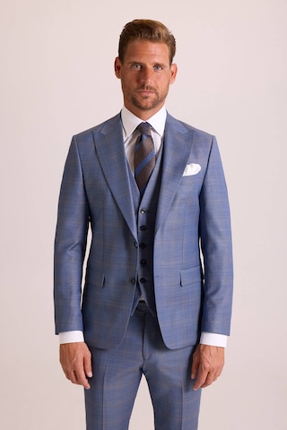 Erkek Mavi Slim Fit Sivri Yaka Yelekli Yün Takım Elbise