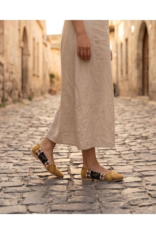 Futsishoes Vıttorıa Hakiki Deri Etnik Desenli Kadın Sarı Kilim Desenli Babet