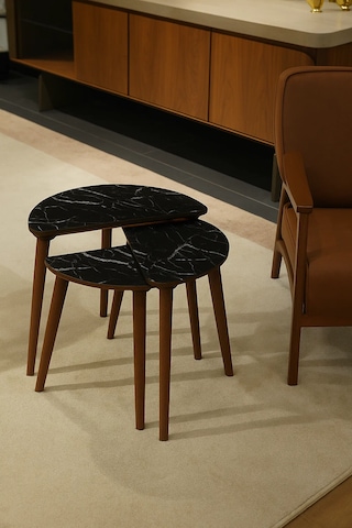 Roma 3'lü Zigon Sehpa %100 Mdf Yarım Ay Siyah Mermer Desen