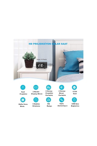 Hymark Mavi Projeksiyonlu Çalar Saat Fm Radyo Dijital Saat Usb Şarj Sıcaklık 4 Seviye Parlaklık Siyah