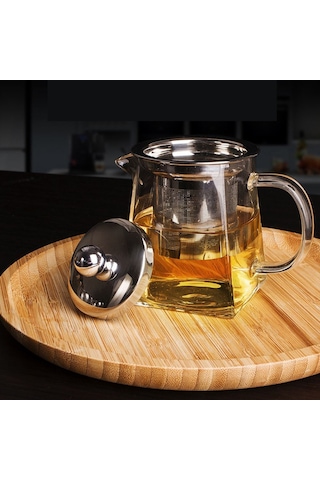 Borosilikat Cam Çelik Süzgeçli Ve Kapaklı Piramit  Demlik 750 ML Şeffaf