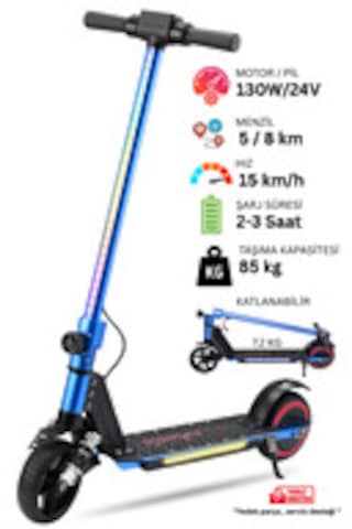 Elektrikli Çocuk Scooter - Çift Frenli Katlanabilir - Led Işıklı - Ön Çift Süspansiyonlu 8+ Mavi