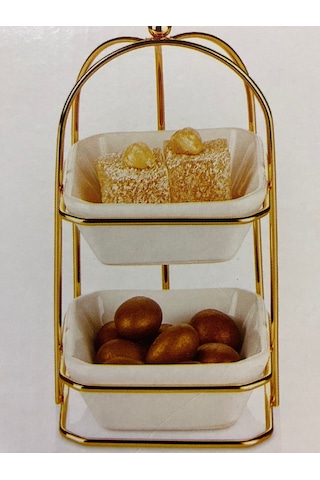 2 Katlı Gold Detaylı Standlı Porselen Kare Kaseli Şekerlik Sosluk Sunumluk