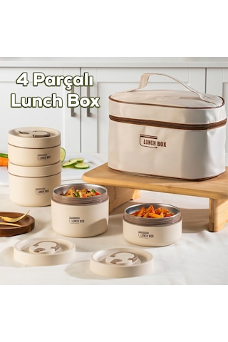 Porsima Bl25231 Isı Yalıtımlı Çanta Paslanmaz Çelik 4 Parça Vakumlu Yemek Termosu Beslenme Kutusu Taşınabilir Lunch Box Sefer Tası Krem