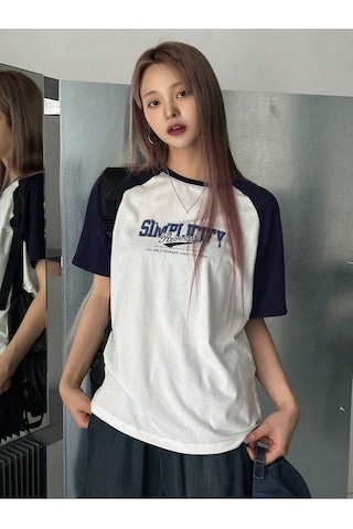 Simplicity Parçalı Süprem T-shirt - Beyaz Lacivert Baskılı Oversize Bisiklet Yaka Kısa Kol Tişört Beyaz-lacivert