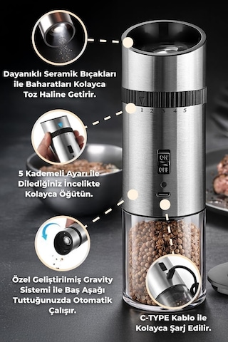 Gravity Paslanmaz Çelik Otomatik Tuz & Karabiber Öğütücü Şarjlı - Metalik Diğer