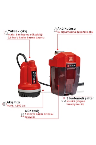 Einhell GE-SP 18 LL Li - Solo, Akülü Dalgıç Pompa - Temiz Su (Akü ve şarj cihazı dahil değildir) - 4181560