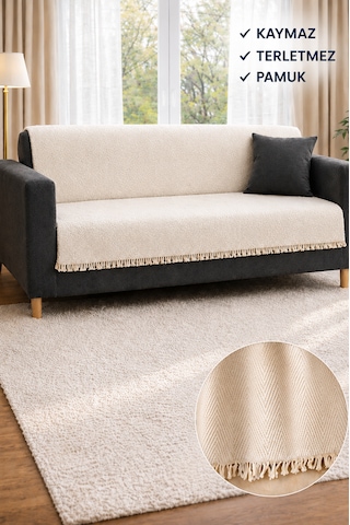 %100 Pamuk Kaymaz & Terletmez & Saçaklı & Yumuşak Koltuk Örtüsü-tek Ve Çift Kişilik Koltuklar İçin- 170 X 200 Cm Ekru