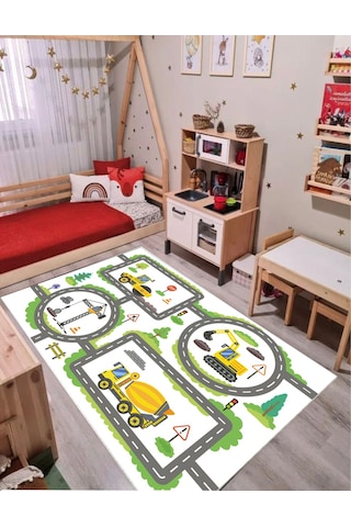 Trafik Çocuk Oyun Halısı Kaymaz Makinede Yıkanabilir Oyun Matı 1 Çok Renkli