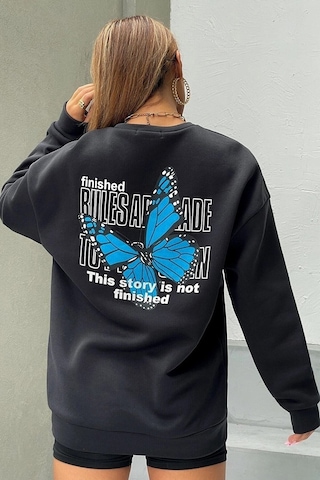 Modagen Kadın Ön Arka Kelebek Baskılı Siyah Bisiklet Yaka Oversize Sweatshirt Ssiyah