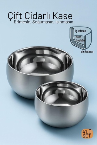 Çift Cidarlı Isı Yalıtımlı 4'lü Lüks Kase Seti Premium 304 Paslanmaz Çelik 16cm & 18cm , 7220191 Çok Renkli