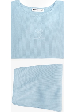 Koton Kaşkorse Fiyonk İşleme Detaylı Şortlu Pijama Takımı Mavi 6slk40092mk