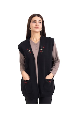 Kadın Orta Yaş ve Üzeri Triko Örgü Düğmesiz Kanaviçe Desen Nakışlı Anne Yelek 310-siyah - L Füme