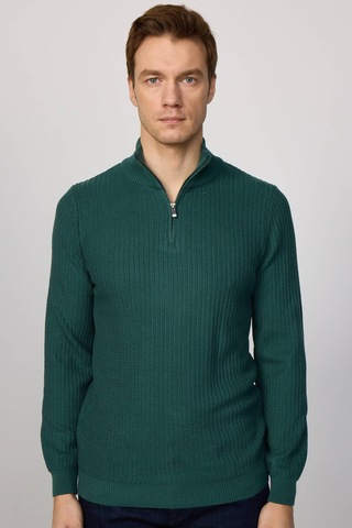Tudors Slim Fit Dar Kesim Dik Yaka Fermuarlı Desenli Yeşil Erkek Triko Kazak-28925 Yeşil