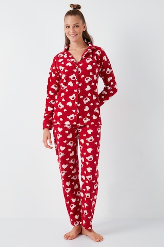 Lela Standart Fit Düğmeli Polarlı Bayan Pijama Takımı 6095617 Kırmızı