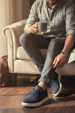 Enoch Hakiki Deri Lazer Kesim Dikişli Erkek Sneaker Ortopedik Taban Lacivert