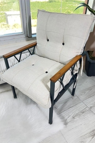 Ard & Garden Modern Tekli Koltuk Krem Fermuarlı Keten Kumaş, Modern Metal Konforlu Bahçe Balkon Mobilyası Krem