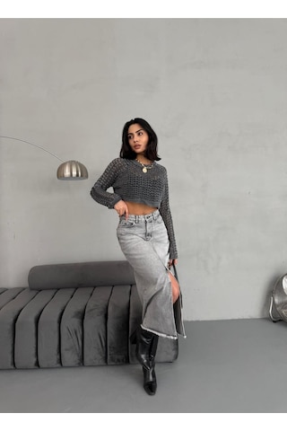 Zeo Basic Kadın Maxi Boy Ön Yırtmaç Detaylı Gri Kot Etek Gri