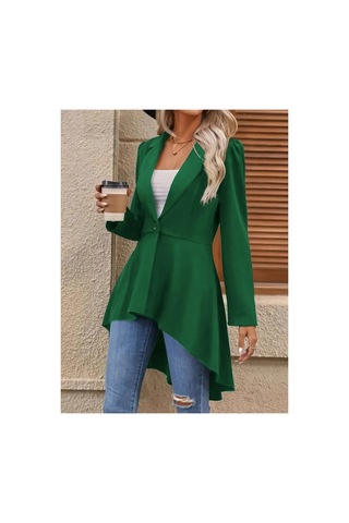 Butik İstanbul Kadın Uzun Kollu Yakalı Önden Düğmeli Uzun Atlas Blazer Ceket Yeşil