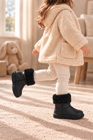 Altın Pabuç Çocuk Kürklü Bot Su Geçirmez Kaymaz Taban Erkek Kız Unisex İçi Kürklü Çocuk Yağmur Çizmesi Kar Botu Siyah