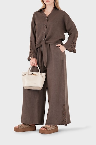 Via Dante Relaxed Fit Güpür Detaylı Bol Paça Keten Pantolon Bayan Pantolon 699e10941 Kahve