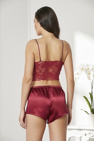 Pierre Cardin 7005 Çeyizlik Dantelli Saten 4'Lü Set -Bordo