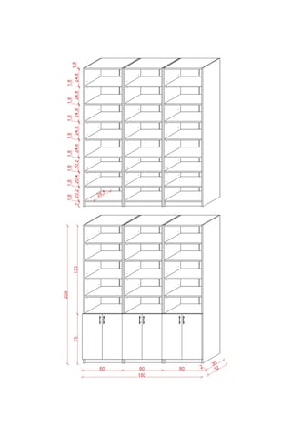 Asra Trend K-54 %100 MDF 180 cm 3 Modüllü Kapaklı Kitaplık Raflı Kütüphane Petra