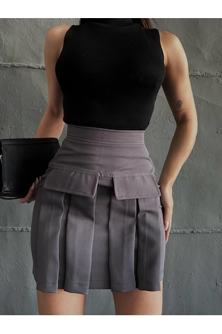 Kadın Gri Kargo Cep Detaylı Pileli Mini Etek-gri Gri